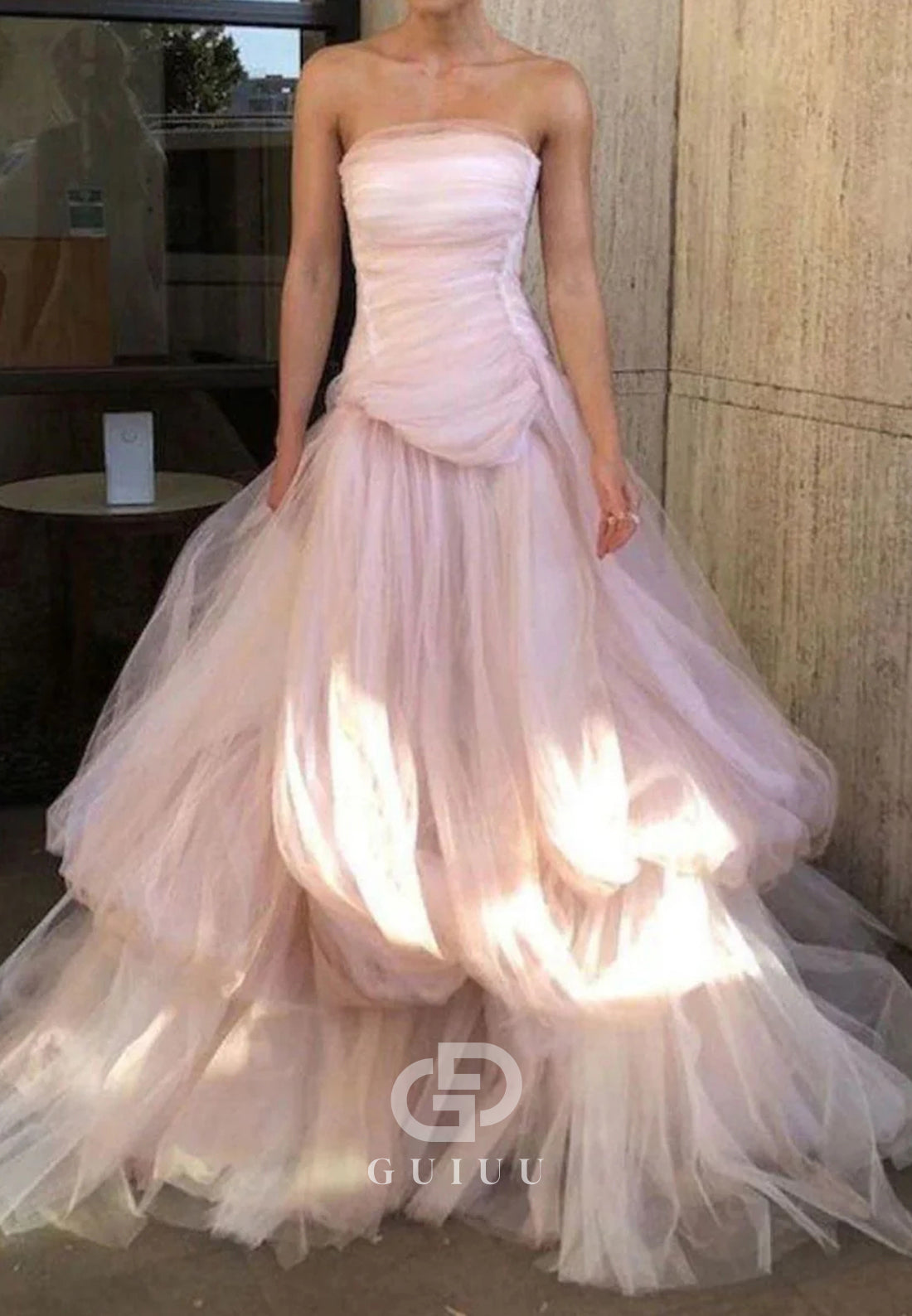 Charming A Line Strapless Pink Long Prom Dress with Ruffles
