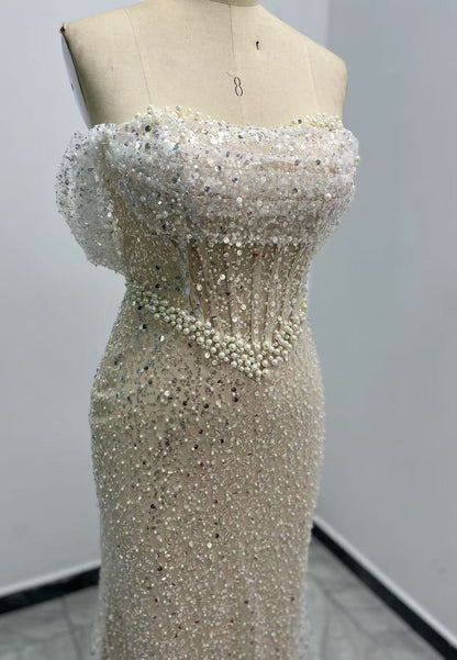 G3275 - Chic & Modern Beaded Off-Shoulder Pleats Champagne Party Prom Evening Dresses