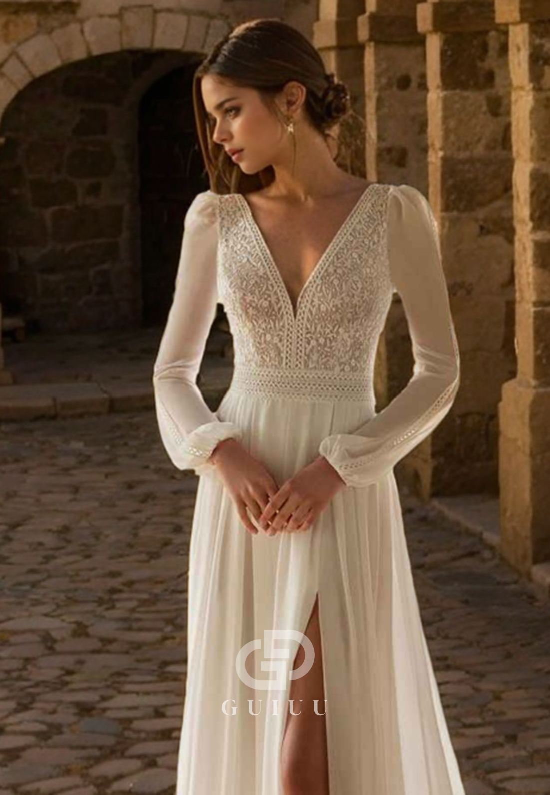 GW653 - Chic & Modern A-Line V-Neck Long Bishop Sleeves Floral Appliques Lace Wedding Dress with High Side Slit and Sweep Train