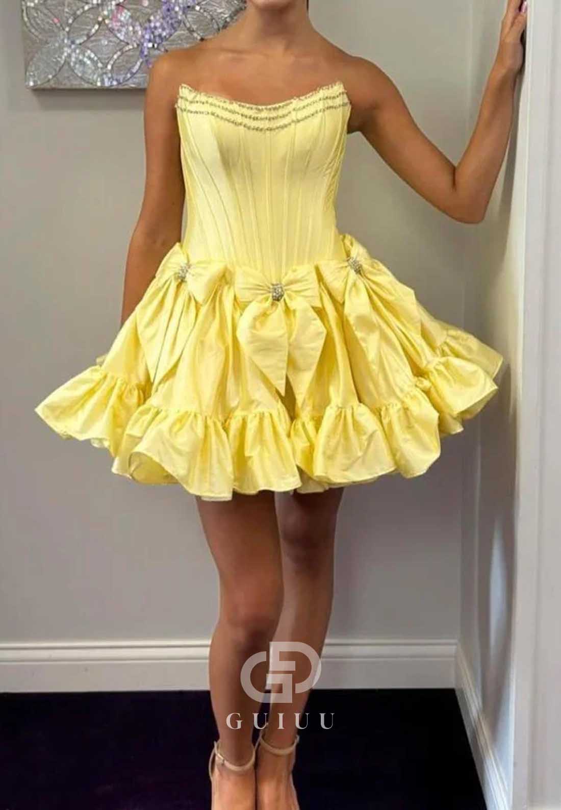 Simple Strapless Sleeveless Bowknot Homecoming Dress