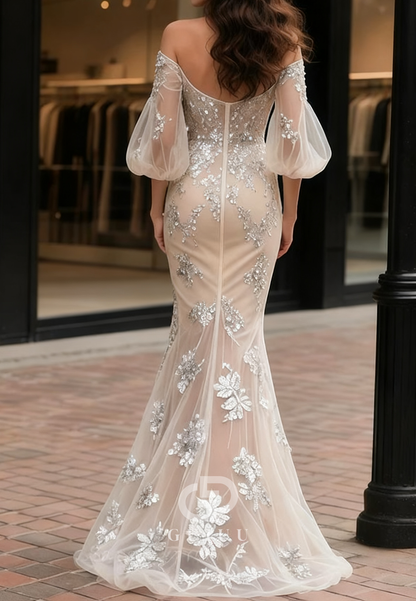 Long Sleeves Off-Shoulder Corset Tulle Appliques Wedding Dress