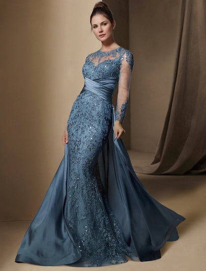 GM055 - Mermaid Long Sleeves Sweep Brush Train Appliques Stain Pleated Mother of the Bride Dress Formal Wedding Guest Gown