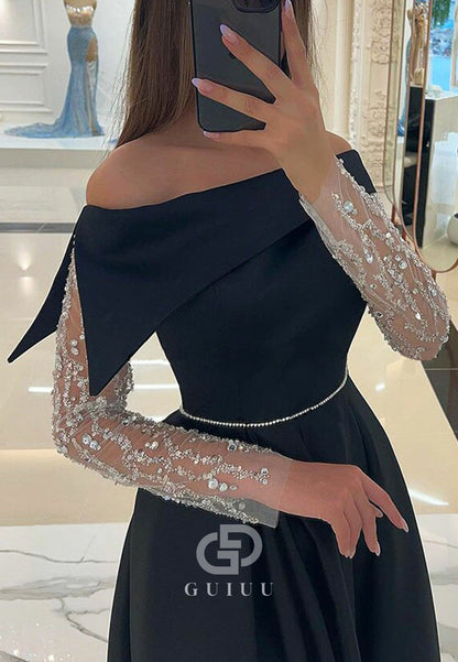 A-Line Long Sleeves Off-Shoulder Empire-Waist A-Line Prom Dress