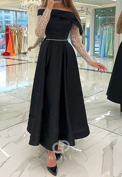 A-Line Long Sleeves Off-Shoulder Empire-Waist A-Line Prom Dress