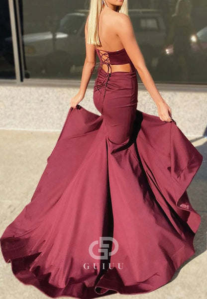 Mulberry Sleeveless Strapless Slit Ruched Prom Dress