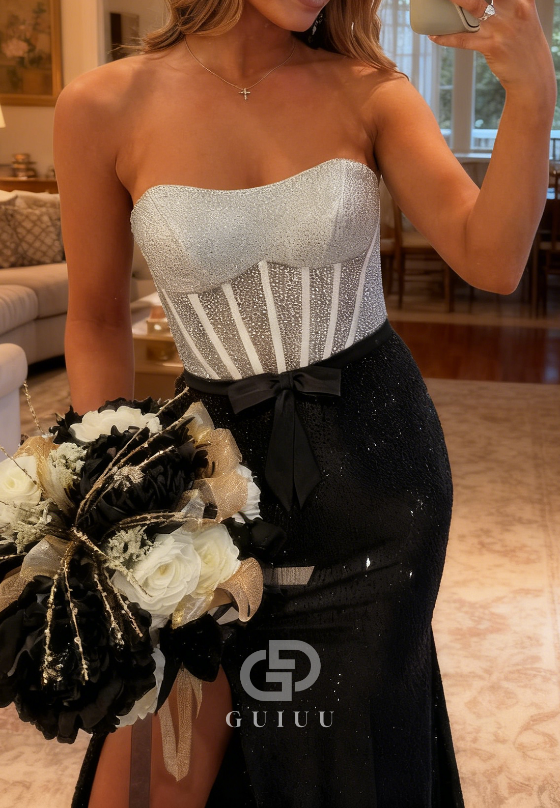 A-Line Sleeveless Strapless Sequins Slit Prom Dress