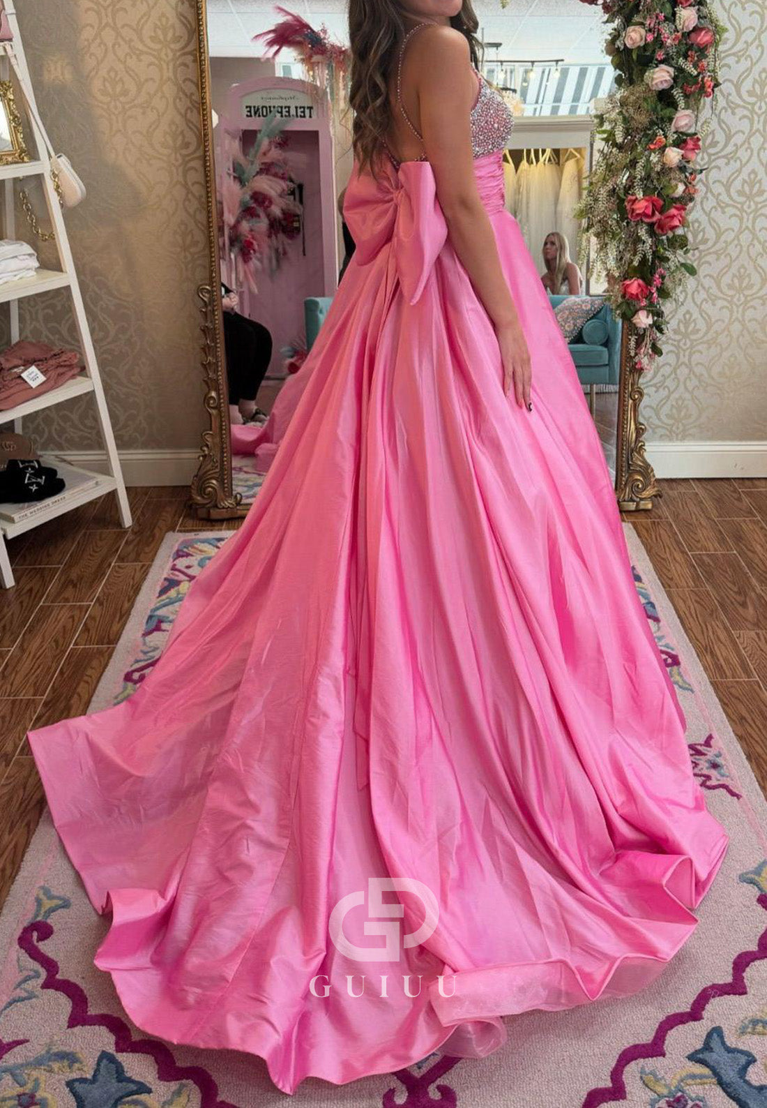 Beaded Pink Satin A-line Long Prom Dress with Bow