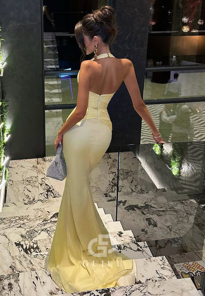 Daffodil Halter Sleeveless Backless Ruched Prom Dress