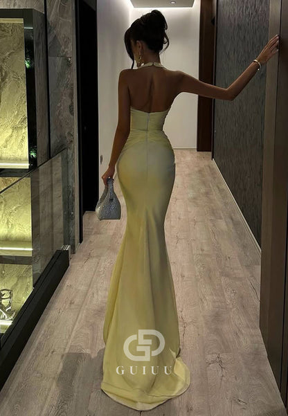 Daffodil Halter Sleeveless Backless Ruched Prom Dress