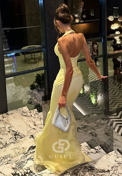 Daffodil Halter Sleeveless Backless Ruched Prom Dress