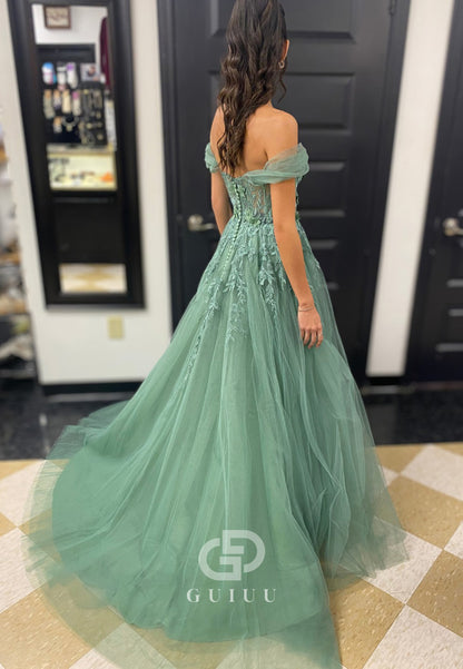 Dusty Sage Sleeveless Strapless Floral ppliques A-Line Prom Dress