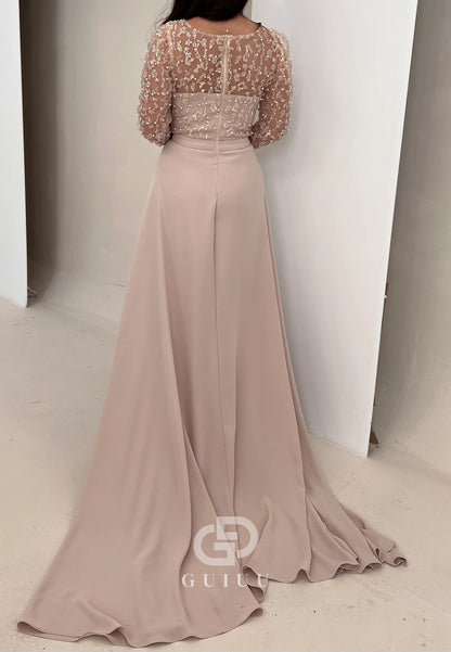 Blushing Pink Long Sleeves Scoop Appliques Evening Dress