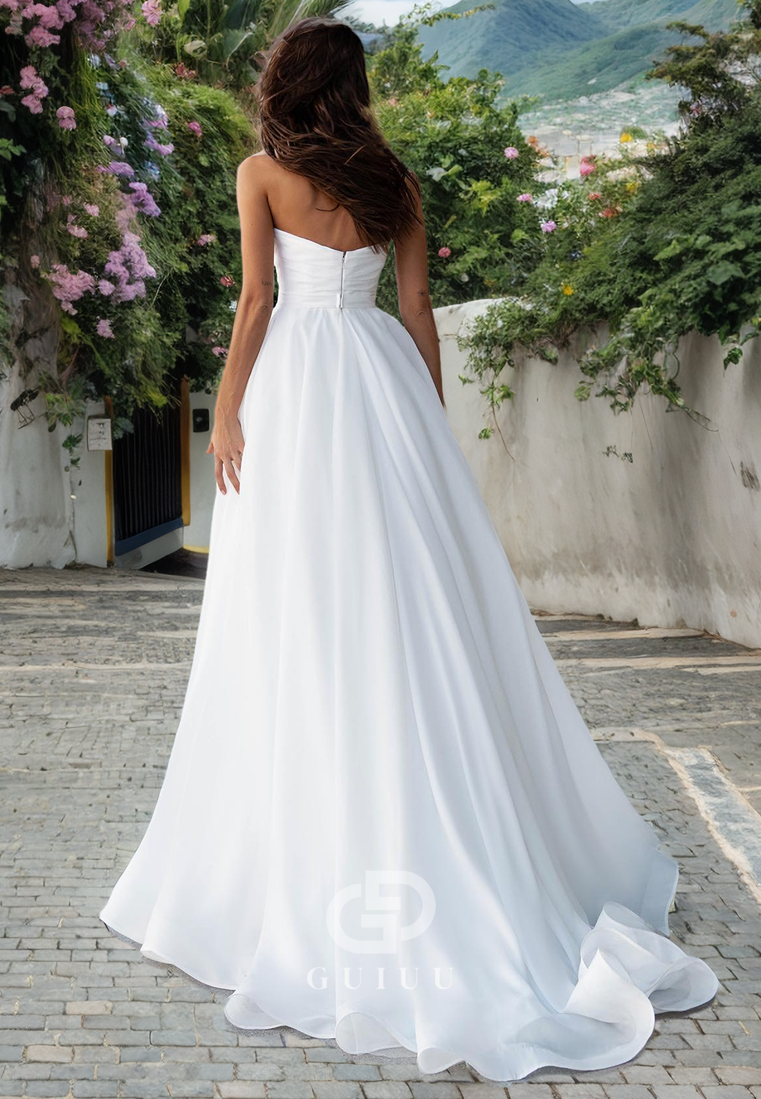 GW412 - Elegant & Luxurious A-Line Beaded Strapless Tulle Beach Boho Wedding Dress