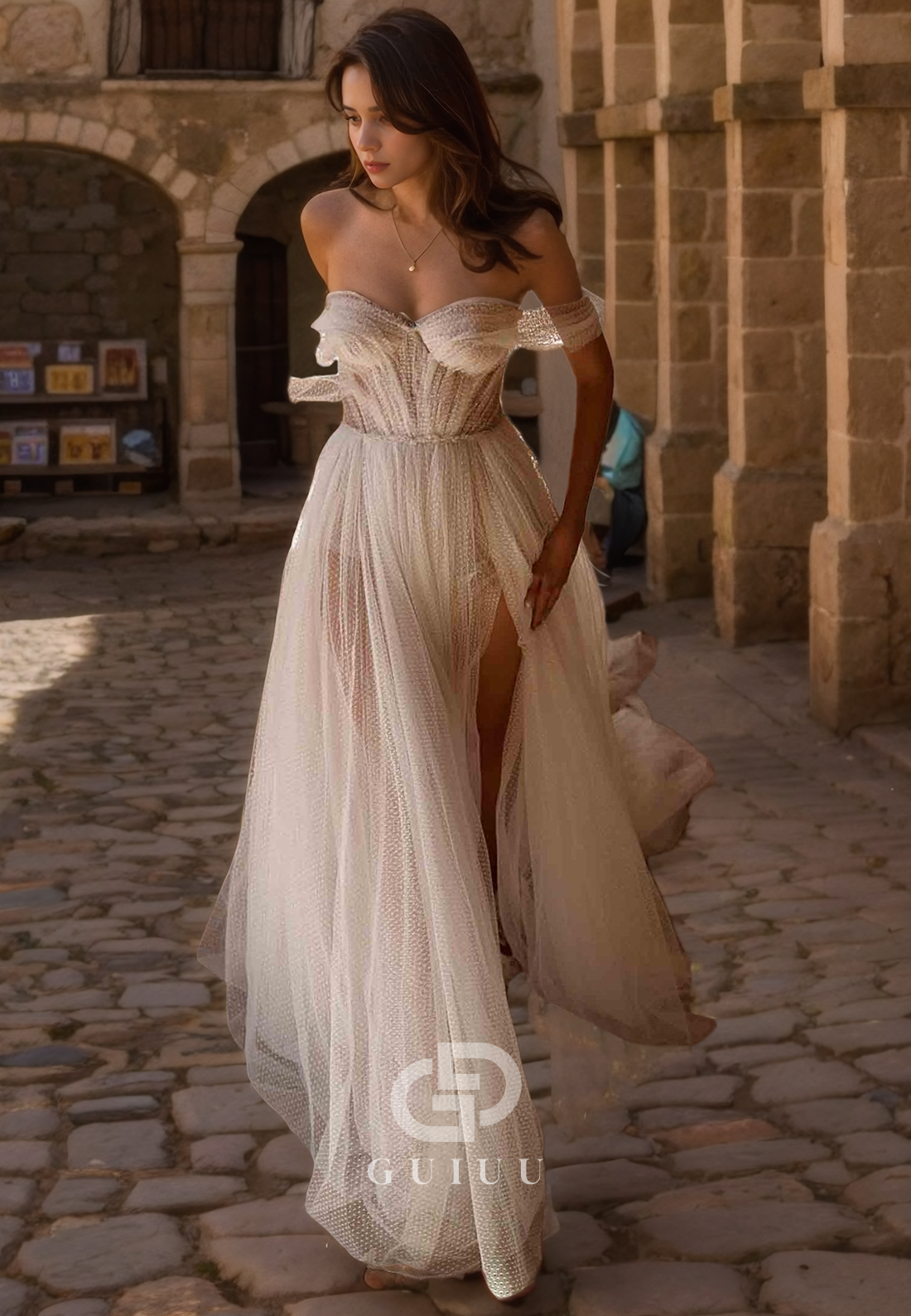 A-Line Off Shoulder Sleeveless Pleated Tulle Wedding Dress with Train and Slit