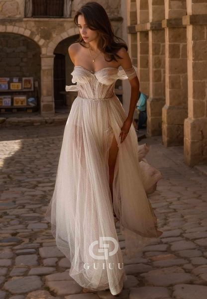 A-Line Off Shoulder Sleeveless Pleated Tulle Wedding Dress with Train and Slit