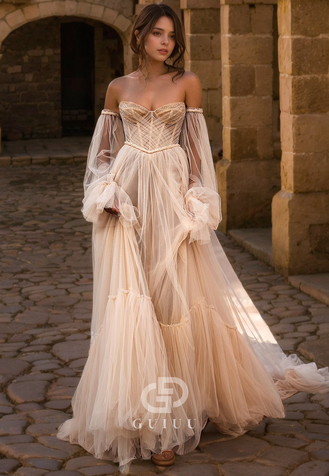GW844 -  Chic & Modern A-Line Off-Shoulder Long Sleeves Pleats Beach Wedding Dress