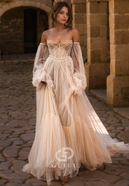 GW844 -  Chic & Modern A-Line Off-Shoulder Long Sleeves Pleats Beach Wedding Dress