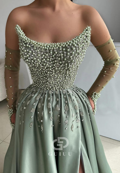 A-Line Sleeveless Strapless Slit Beads Prom Dress