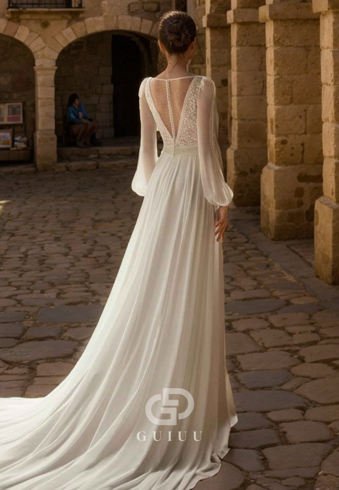 GW653 - Chic & Modern A-Line V-Neck Long Bishop Sleeves Floral Appliques Lace Wedding Dress with High Side Slit and Sweep Train