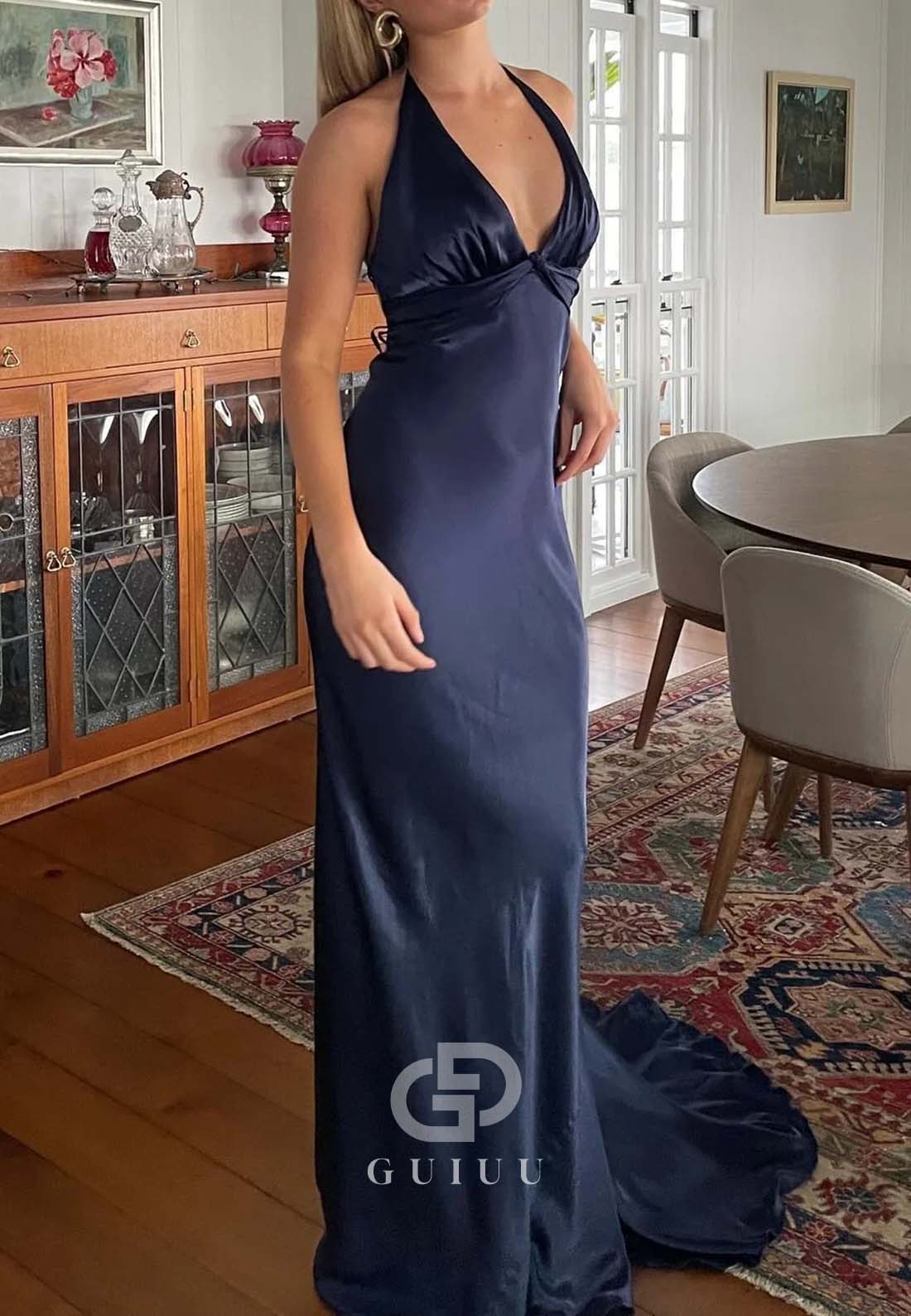 Chic Sheath Halter Neck Long Party with Backless Bowknot Party Dress