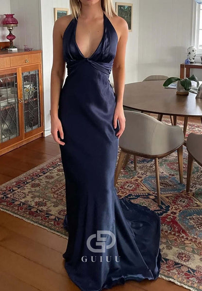 Chic Sheath Halter Neck Long Party with Backless Bowknot Party Dress