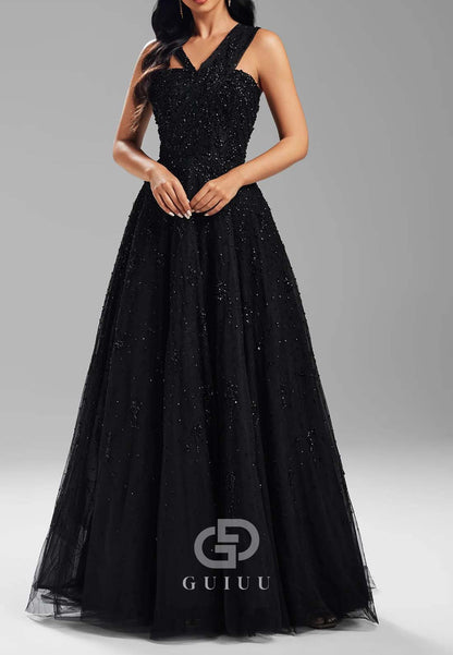 Black A-Line One Shoulder Sleeveless Empire-Waist Evening Dress