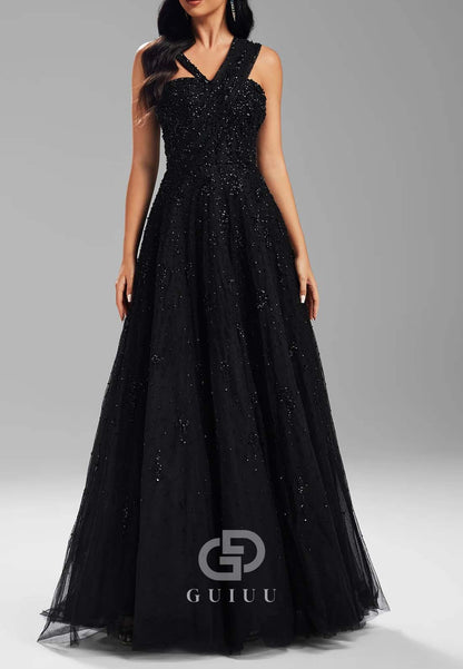 Black A-Line One Shoulder Sleeveless Empire-Waist Evening Dress