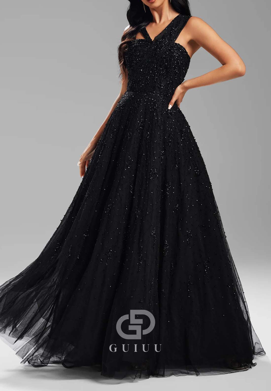 Black A-Line One Shoulder Sleeveless Empire-Waist Evening Dress