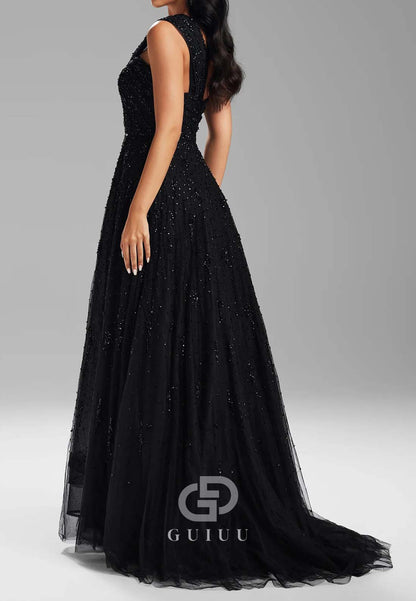 Black A-Line One Shoulder Sleeveless Empire-Waist Evening Dress