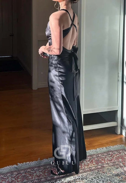 Chic Sheath Halter Neck Long Party with Backless Bowknot Party Dress