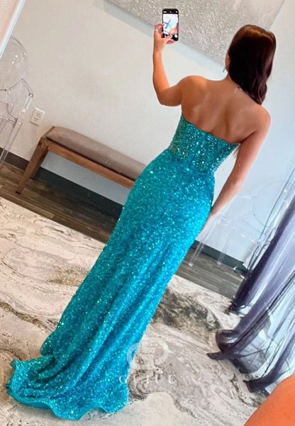 Pool Sleevelss Strapless Slit Sequins Prom Dress