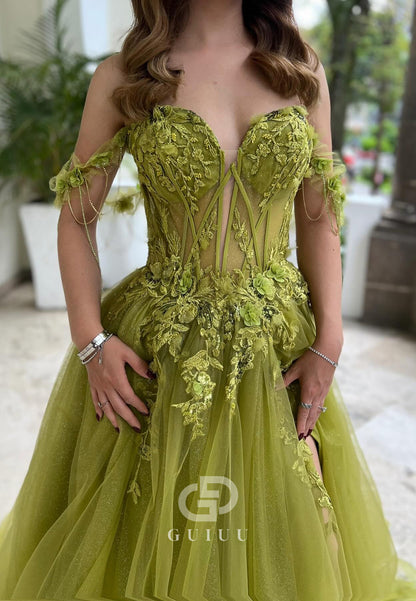 Charming A-Line Sleeveless Corset Tulle Slit Prom Dress