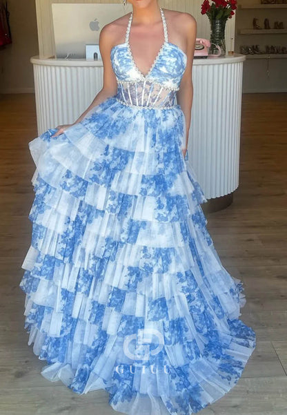 A-Line Tulle Floral Print Prom Dresses V-Neck Evening Gowns