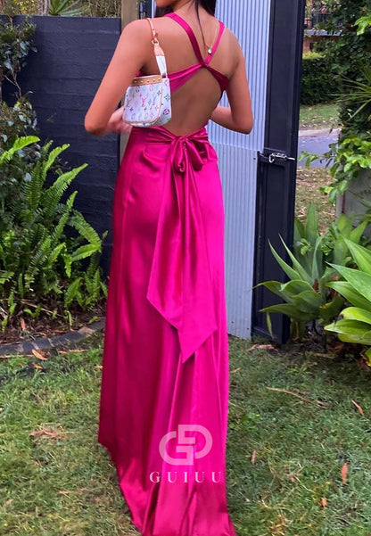 Chic Sheath Halter Neck Long Party with Backless Bowknot Party Dress