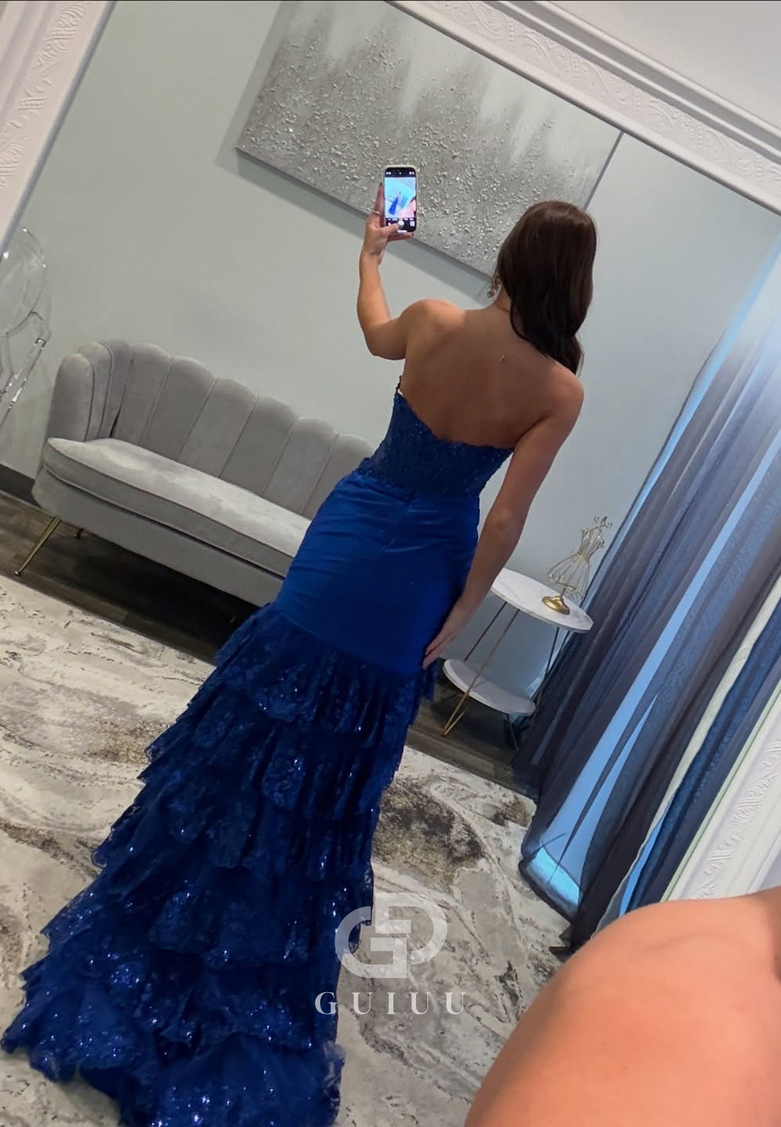 Sheath Strapless Sleeveless Prom Dress with Slit Ruffles Sequins Evening Party Dress