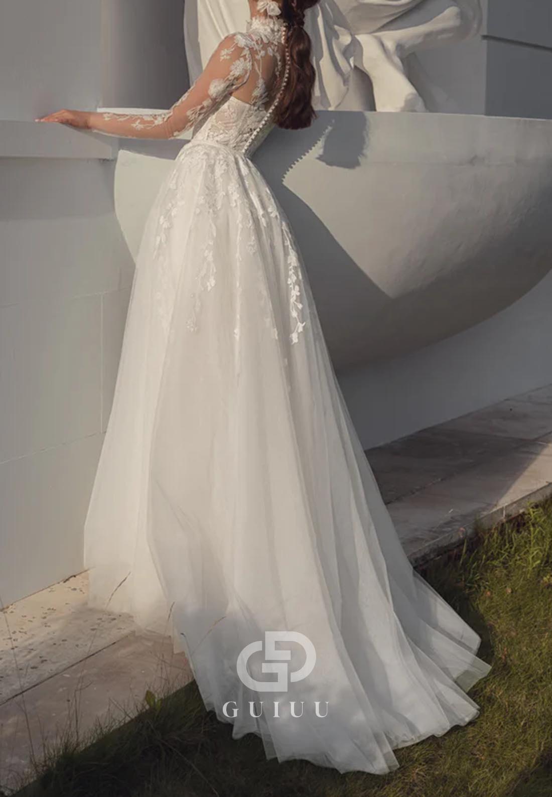 Elegant A-Line Long Sleeves High Neck Appliques Lace Wedding Dress