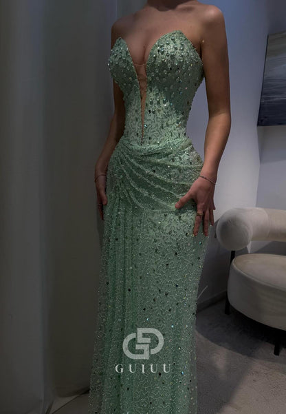 Mint Green Sleeveless Strapless Sequins Prom Dress