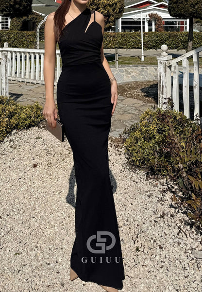 Black Sheath One Shoulder Sleeveless Ruched Evening Dress