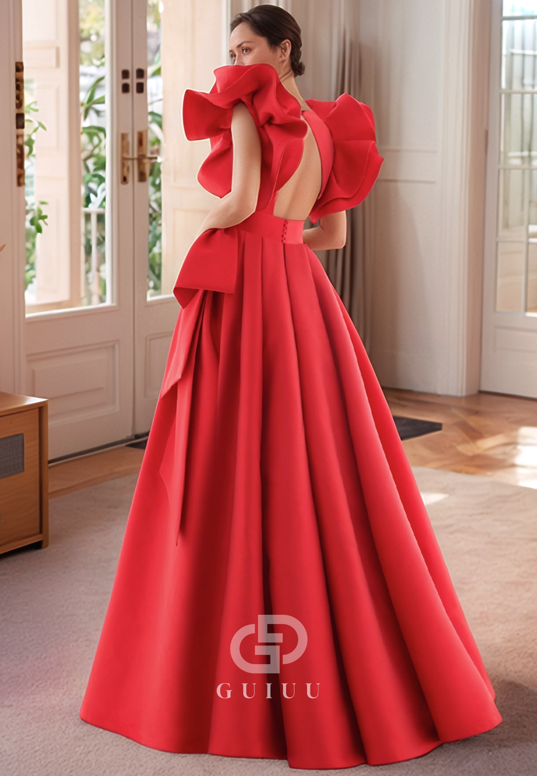 Red A-Line Spaghetti Straps V-Neck Backless Ruched Royal Mother of the Bride Dress