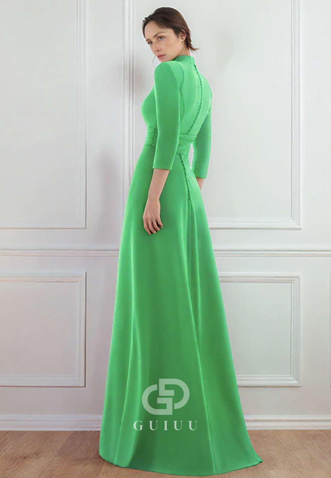 Green Long Sleeves Square Ruched Satin Mother of the Bride Dress