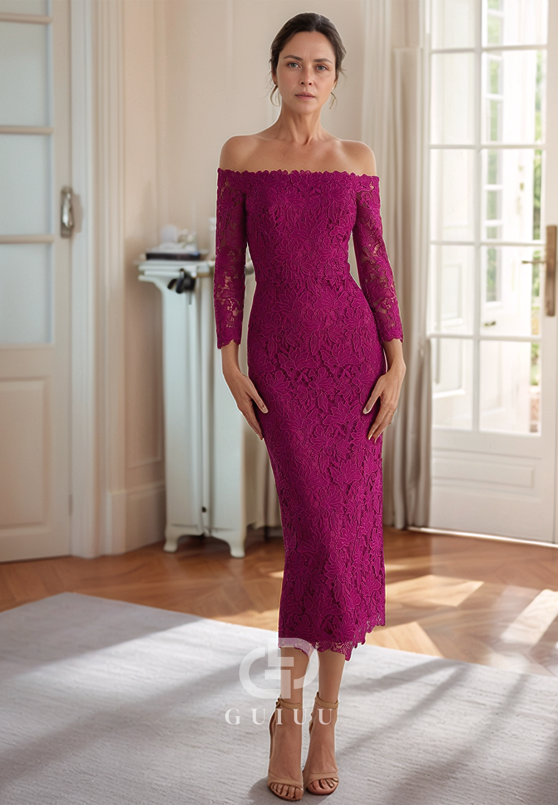 Orchid Off-Shoulder Long Sleeves Knee-Length Mother of the Bride Dress