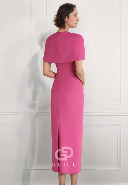 Candy Pink Short Sleeves Scoop Knee-Length Mother of the Bride Dress