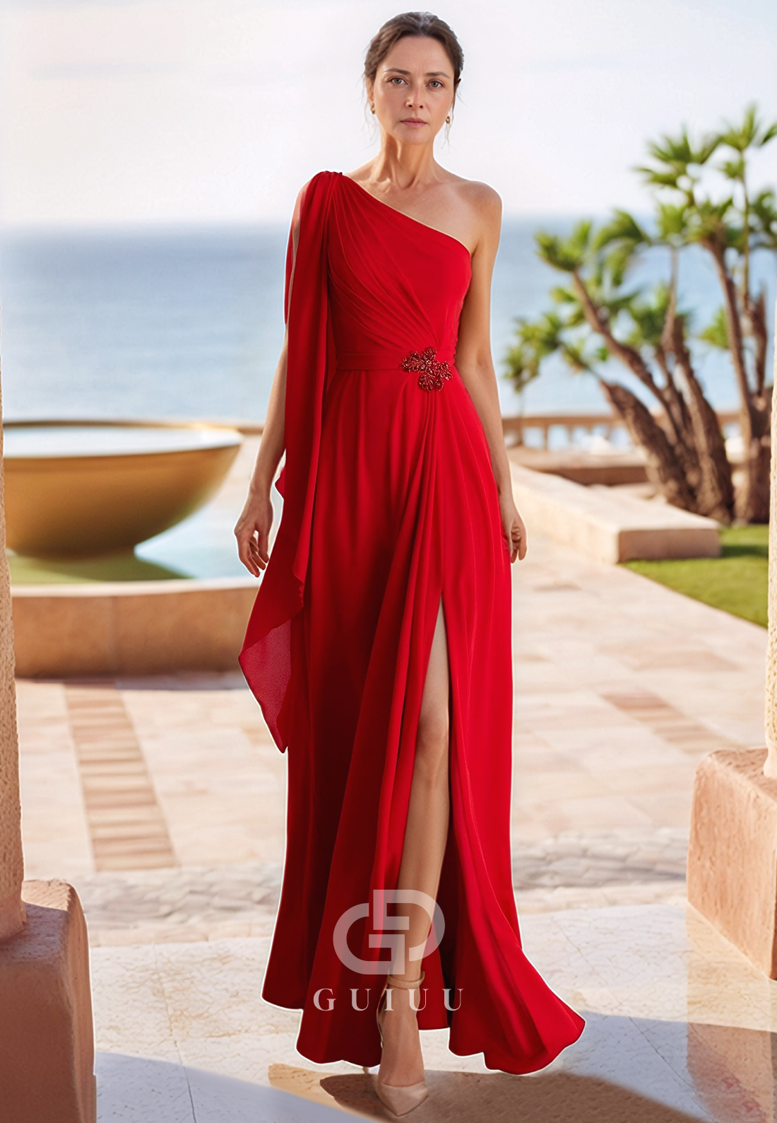 Red One Shoulder Sleeveless Chiffon Mother of the Bride Dress