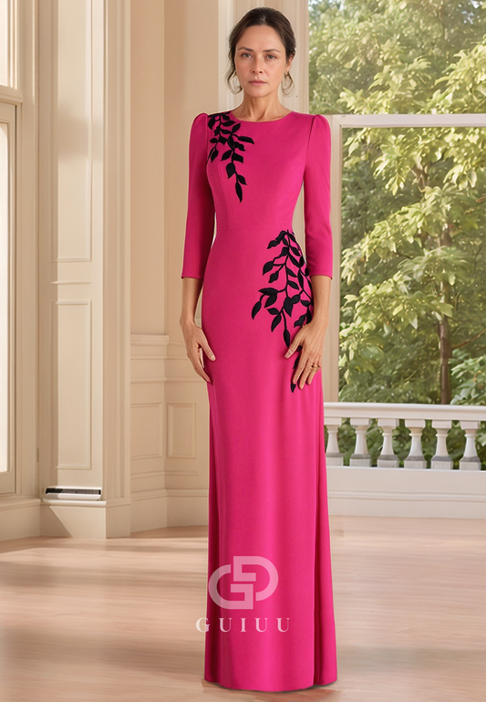 Fuchsia Long Sleeves Scoop Floor-Length Satin Mother of the Bride Dress