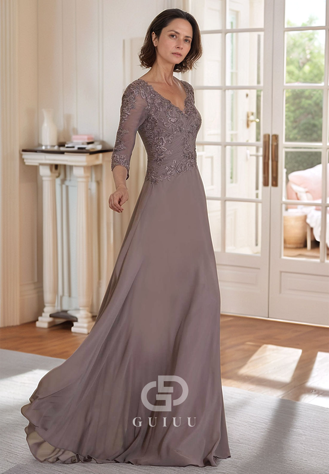 Dusty Lavender Long Sleeves Scoop Appliques Corset Mother of the Bride Dress