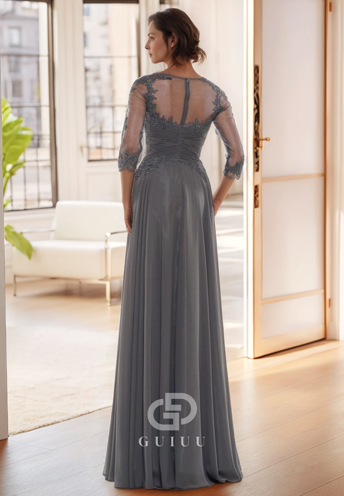 Dusty Lavender Long Sleeves Scoop Appliques Corset Mother of the Bride Dress