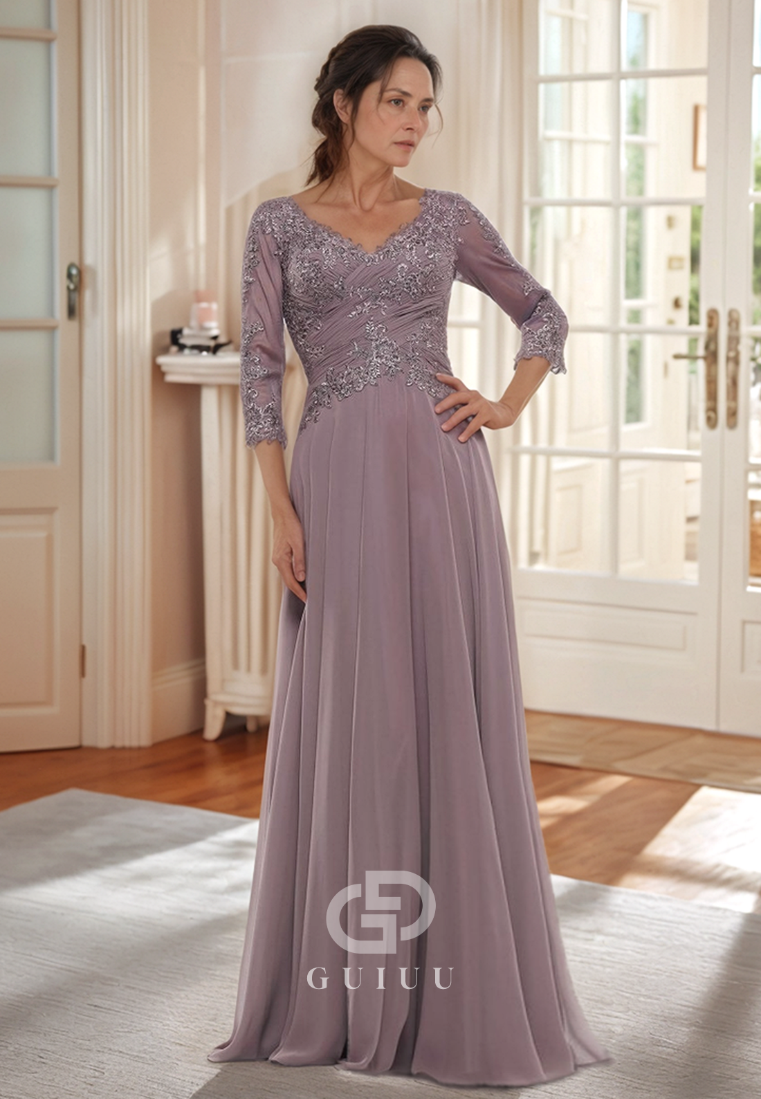 Dusty Lavender Long Sleeves Scoop Appliques Corset Mother of the Bride Dress