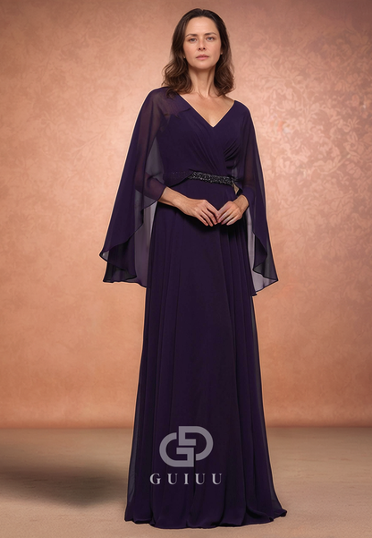 A-Line Long Sleeves V-Neck Empire-Waist Chiffon Mother of the Bride Dress