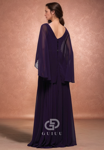 A-Line Long Sleeves V-Neck Empire-Waist Chiffon Mother of the Bride Dress