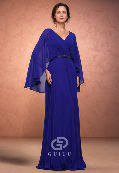 A-Line Long Sleeves V-Neck Empire-Waist Chiffon Mother of the Bride Dress